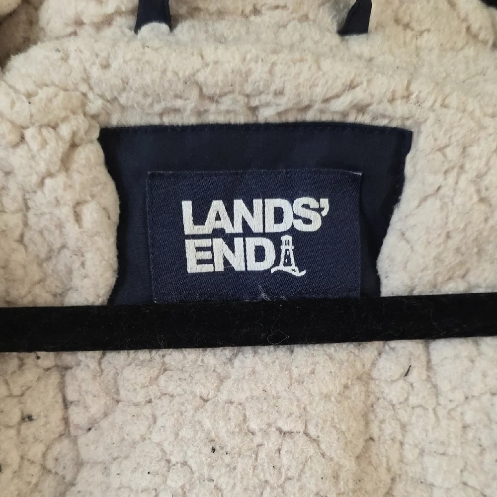 Lands' End - Unisex's Kids Large, Expedition Down Parka Navy Blue Hooded Sherpa